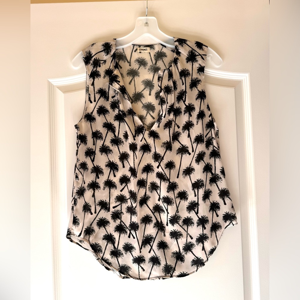L’AGENCE Palm Tree Printed Silk Sleeveless Blouse